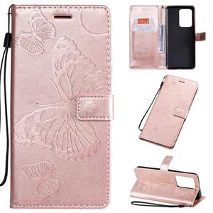 huismerk Voor Galaxy S20+ Geperst bloemenvlinderpatroon Horizontaal Flip PU Lederen Hoes met Houder & Card Slots & Wallet & Lanyard(Rose Gold)