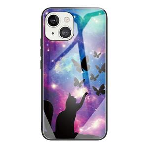 huismerk Gehard Glass + TPU Border Beschermhoes voor iPhone 13 Mini (Cat and Butterfly)