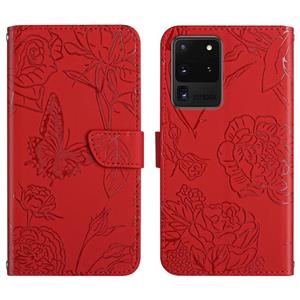 huismerk Voor Samsung Galaxy S20 Ultra Skin Feel Butterfly Peony reliëf lederen telefooncase