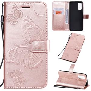 huismerk Voor Galaxy S20 Pressed Printing Butterfly Pattern Horizontal Flip PU Leather Case met Holder & Card Slots & Wallet & Lanyard(Rose Gold)