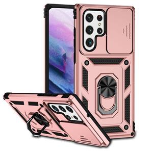 huismerk Voor Samsung Galaxy S22 Ultra 5G Sliding CockShield Holder Phone Case (Rose Gold)