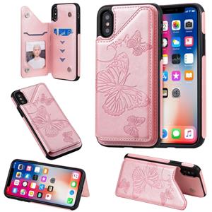 huismerk Voor iPhone X & XS Butterfly Embossing Pattern Shockproof Protective Case met Holder & Card Slots & Photo Frame(Rose Gold)