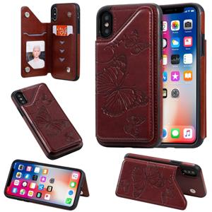 huismerk Voor iPhone X & XS Butterfly Embossing Pattern Shockproof Protective Case met Holder & Card Slots & Photo Frame(Brown)