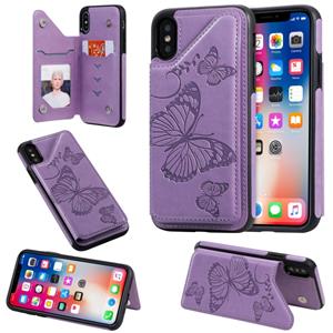 huismerk Voor iPhone X & XS Butterfly Embossing Pattern Shockproof Protective Case met Holder & Card Slots & Photo Frame(Paars)