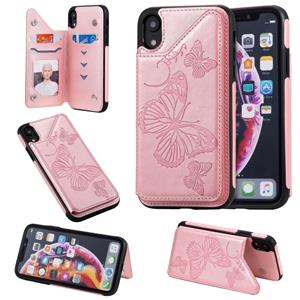 huismerk Voor iPhone XR Butterfly Embossing Pattern Shockproof Protective Case met Holder & Card Slots & Photo Frame(Rose Gold)