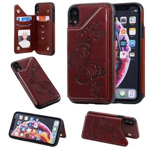 huismerk Voor iPhone XR Butterfly Embossing Pattern Shockproof Protective Case met Holder & Card Slots & Photo Frame(Brown)