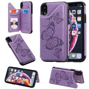 huismerk Voor iPhone XR Butterfly Embossing Pattern Shockproof Protective Case met Holder & Card Slots & Photo Frame(Purple)