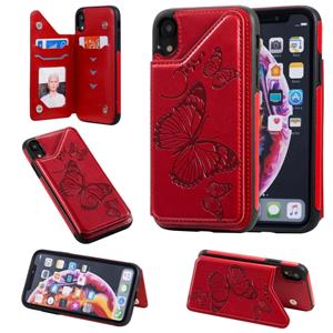 huismerk Voor iPhone XR Butterfly Embossing Pattern Shockproof Protective Case met Holder & Card Slots & Photo Frame(Red)