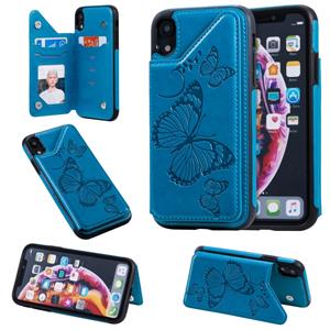 huismerk Voor iPhone XR Butterfly Embossing Pattern Shockproof Protective Case met Houder & Card Slots & Photo Frame(Blue)