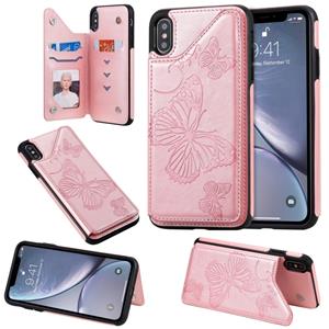 huismerk Voor iPhone XS Max Butterfly Embossing Pattern Shockproof Protective Case met Holder & Card Slots & Photo Frame(Rose Gold)