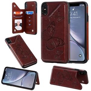 huismerk Voor iPhone XS Max Butterfly Embossing Pattern Shockproof Protective Case met Holder & Card Slots & Photo Frame(Brown)