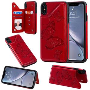 huismerk Voor iPhone XS Max Butterfly Embossing Pattern Shockproof Protective Case met Holder & Card Slots & Photo Frame(Red)