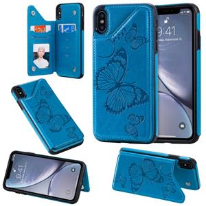 huismerk Voor iPhone XS Max Butterfly Embossing Pattern Shockproof Protective Case met Houder & Card Slots & Photo Frame(Blue)