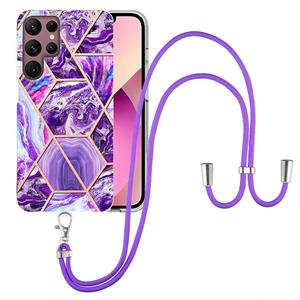 huismerk For Samsung Galaxy S22 Ultra 5G Electroplating Splicing Marble TPU Phone Case with Lanyard(Dark Purple)