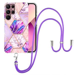 huismerk For Samsung Galaxy S22 Ultra 5G Electroplating Splicing Marble TPU Phone Case with Lanyard(Light Purple)