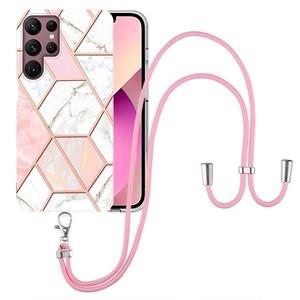 huismerk For Samsung Galaxy S22 Ultra 5G Electroplating Splicing Marble TPU Phone Case with Lanyard(Pink White)