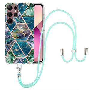 huismerk For Samsung Galaxy S22 Ultra 5G Electroplating Splicing Marble TPU Phone Case with Lanyard(Blue Green)