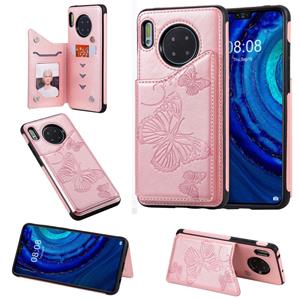 huismerk Voor Huawei Mate30 Butterfly Embossing Pattern Shockproof Protective Case met Holder & Card Slots & Photo Frame(Rose Gold)