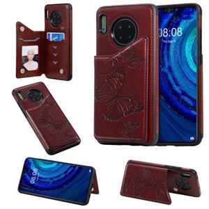 huismerk Voor Huawei Mate30 Butterfly Embossing Pattern Shockproof Protective Case met Holder & Card Slots & Photo Frame(Brown)