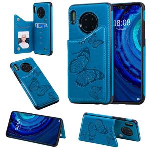 huismerk Voor Huawei Mate30 Butterfly Embossing Pattern Shockproof Protective Case met Holder & Card Slots & Photo Frame(Blue)