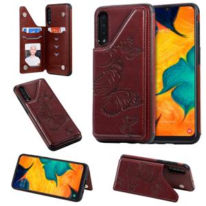 huismerk Voor Galaxy A50 Butterfly Embossing Pattern Shockproof Protective Case met Holder & Card Slots & Photo Frame(Brown)