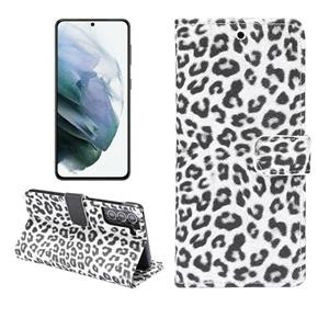 huismerk Voor Samsung Galaxy S21 5G Leopard Pattern Horizontale Flip Lederen Case met Holder & Card Slots(Wit)