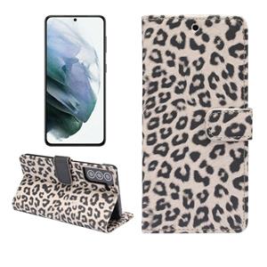 huismerk Voor Samsung Galaxy S21 5G Leopard Pattern Horizontale Flip Lederen Case met Holder & Card Slots(Bruin)