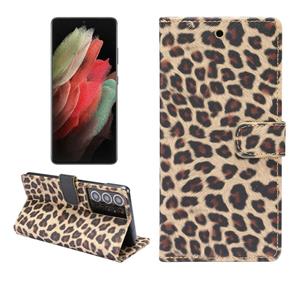 huismerk Voor Samsung Galaxy S21 Ultra 5G Leopard Patroon Horizontale Flip Lederen case met Holder & Card Slots(Geel)