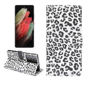 huismerk Voor Samsung Galaxy S21 Ultra 5G Leopard Patroon Horizontale Flip Lederen case met Holder & Card Slots(Wit)