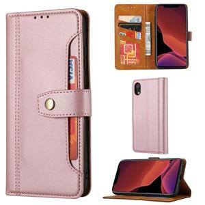 huismerk Kalfstextuur Dubbele vouwsluiting horizontale flip lederen kast met Photo Frame & Holder & Card Slots & Wallet Voor iPhone XR(Rose Gold)