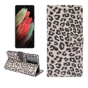 huismerk Voor Samsung Galaxy S21 Ultra 5G Leopard Patroon Horizontale Flip Lederen case met Holder & Card Slots(Brown)