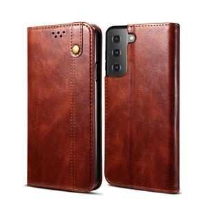 huismerk Voor Samsung Galaxy S22 5G Simple Wax Crazy Horse Textuur Horizontale Flip Leren Telefoonhoesje Met Kaart Slots & Houder (Brown)