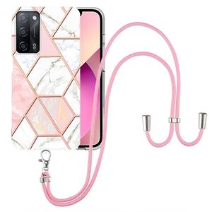 huismerk For OPPO A53s 5G / A55 5G / A54 4G / A16 Electroplating Splicing Marble TPU Phone Case with Lanyard(Pink White)