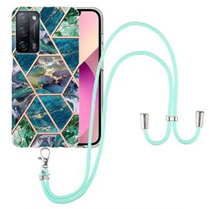 huismerk For OPPO A53s 5G / A55 5G / A54 4G / A16 Electroplating Splicing Marble TPU Phone Case with Lanyard(Blue Green)