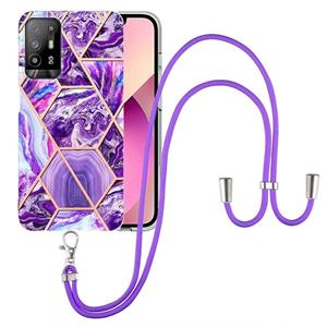 huismerk For OPPO A94 5G / A95 5G Electroplating Splicing Marble TPU Phone Case with Lanyard(Dark Purple)