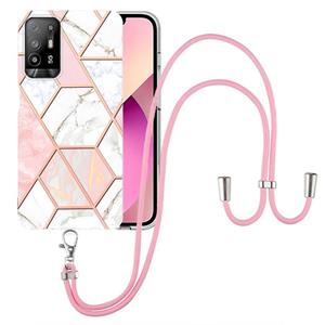 huismerk For OPPO A94 5G / A95 5G Electroplating Splicing Marble TPU Phone Case with Lanyard(Pink White)