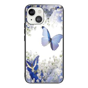 huismerk Kleurrijke geschilderde glazen schokbestendige beschermhoes voor iphone 13 (bloemen en vlinders)