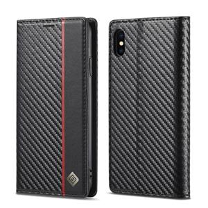 lc.imeeke Lc.imeeeke carbon fiber pu + tpu horizontale flip lederen tas met houder & kaart slot & portemonnee voor iPhone XR (verticaal zwart)