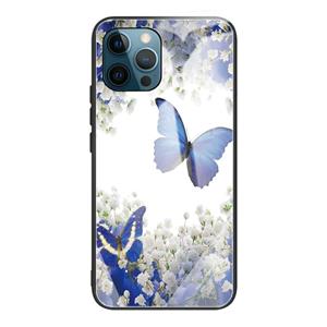 huismerk Kleurrijke geschilderde glazen schokbestendige beschermhoes voor iphone 13 pro (bloemen en vlinders)