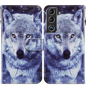 huismerk Voor Samsung Galaxy S22 5G geschilderd patroon horizontale flip telefoon lederen tas met houder & kaart slots & fotolijst (witte wolf)