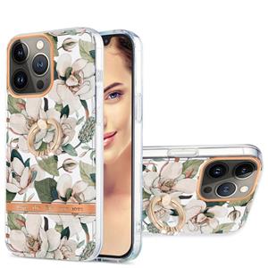 huismerk Ring IMD Flowers TPU Phone Case For iPhone 13 Pro(Green Gardenia)