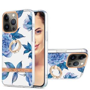 huismerk Ring IMD Flowers TPU Phone Case For iPhone 13 Pro(Blue Peony)