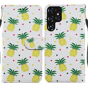 huismerk Voor Samaung Galaxy S22 Ultra 5G Geschilderd Patroon Horizontale Flip Telefoon Lederen Case met Houder & Kaart Slots & Fotolijst (Pineapple)