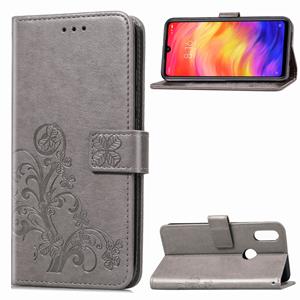 huismerk Lucky Clover ingedrukt bloemen patroon lederen draagtas voor Xiaomi Redmi opmerking 7 met houder & kaartsleuven & portemonnee & hand strap (grijs)