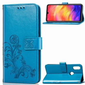 huismerk Lucky Clover ingedrukt bloemen patroon lederen draagtas voor Xiaomi Redmi opmerking 7 met houder & kaartsleuven & portemonnee & hand strap (blauw)