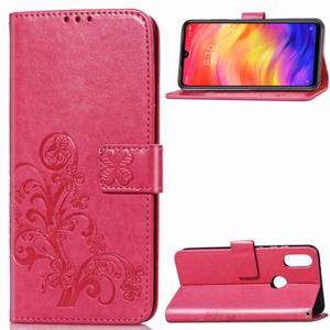 huismerk Lucky Clover ingedrukt bloemen patroon lederen draagtas voor Xiaomi Redmi opmerking 7 met houder & kaartsleuven & portemonnee & hand strap (Rose rood