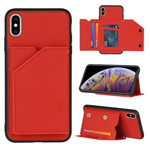 huismerk Skin Feel PU + TPU + PC Back Cover Shockproof Case met Kaartslots & Houder & Photo Frame Voor iPhone X / XS(Rood)