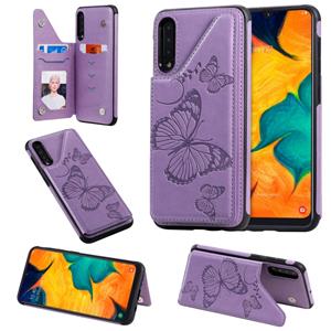 huismerk Voor Galaxy A50 Butterfly Embossing Pattern Shockproof Protective Case met Holder & Card Slots & Photo Frame(Purple)