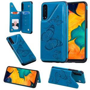 huismerk Voor Galaxy A50 Butterfly Embossing Pattern Shockproof Protective Case met Holder & Card Slots & Photo Frame(Blue)