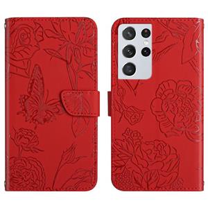 huismerk Voor Samsung Galaxy S21 Ultra 5G Huid Feel Butterfly Peony reliëf lederen telefooncase